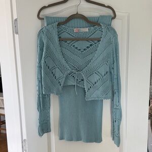 Free People Beach blue knit skirt and cardigan set